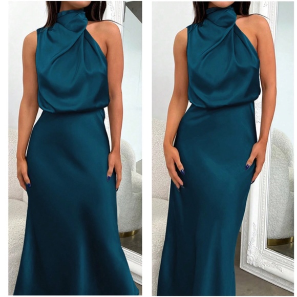 Luxe Teal Blue Sleeveless Satin Drape Neck Party Evening Midi Dress